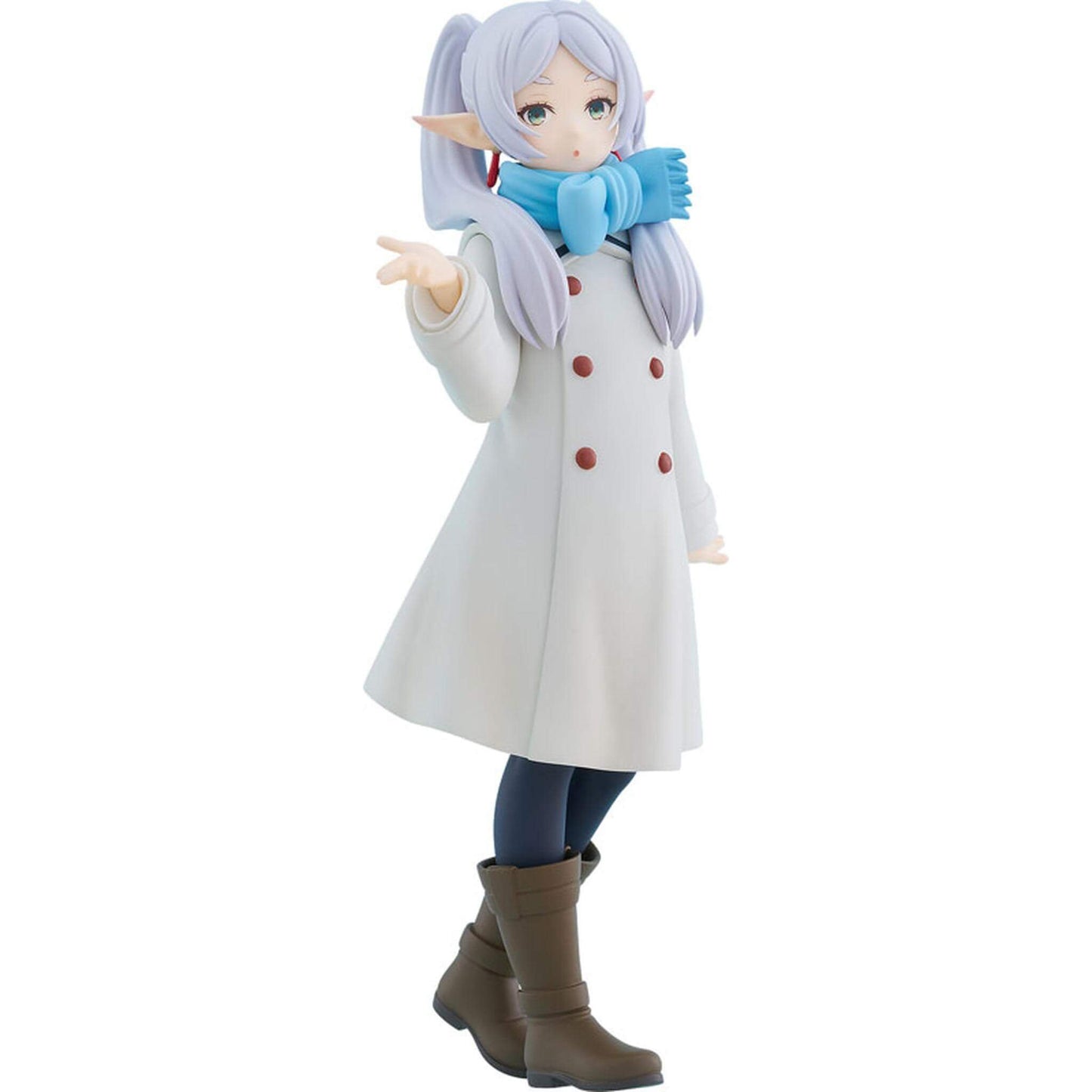 Frieren Blow Kiss Pop Up Parade figure  wearing a white coat with red buttons on a white background