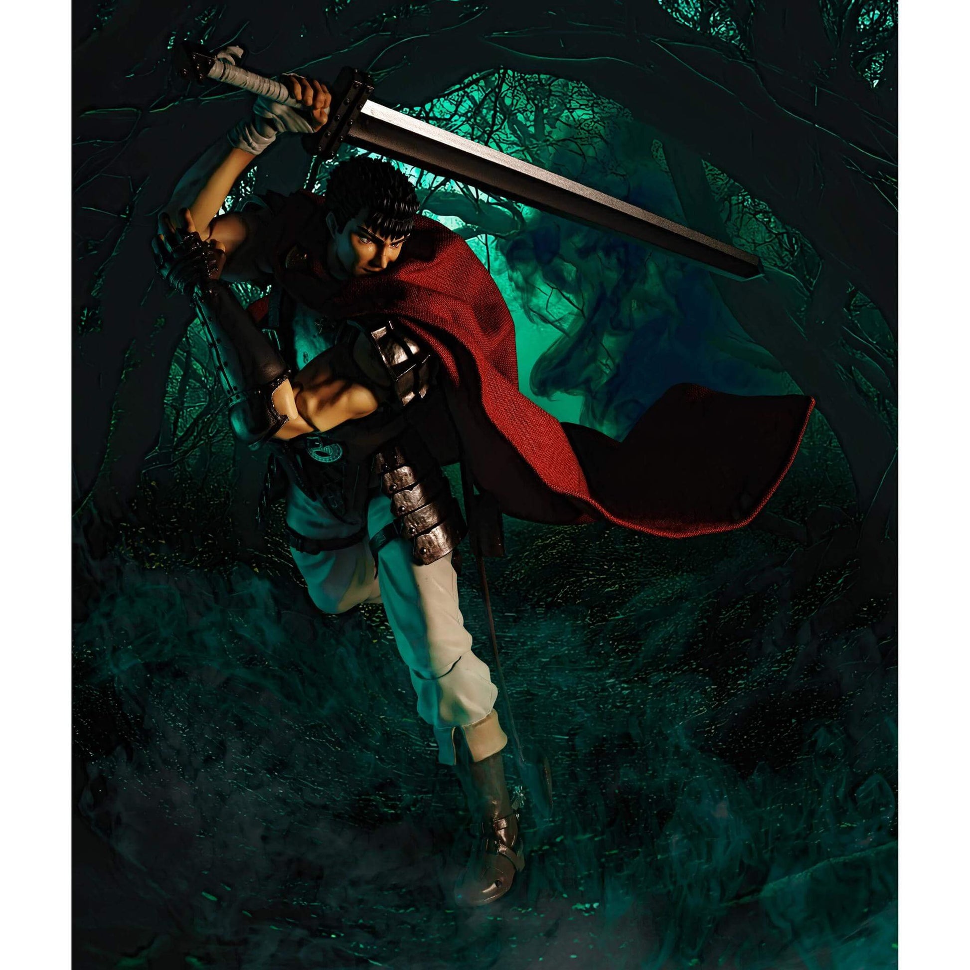 Berserk S.H.Figuarts Action figure of Guts in a fantasy setting with a sword in a dark forest