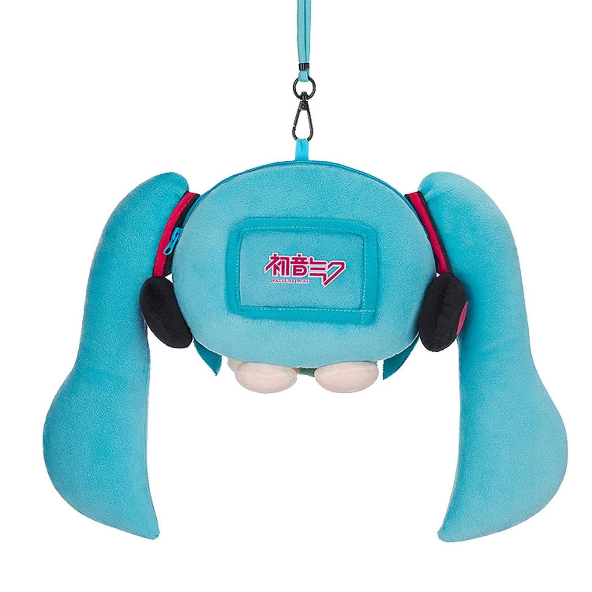 Back view of Blue Hatsune Miku Plushie Pouch with twin tails and a card holder on a white background