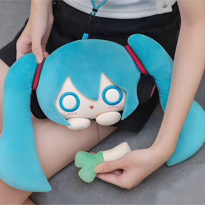 Hatsune Miku Plushie Pouch with character design held by a person