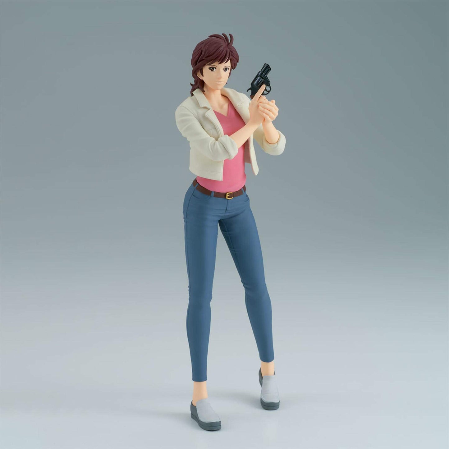 City Hunter anime figure of Kaori Makimura holding a gun on a gray background