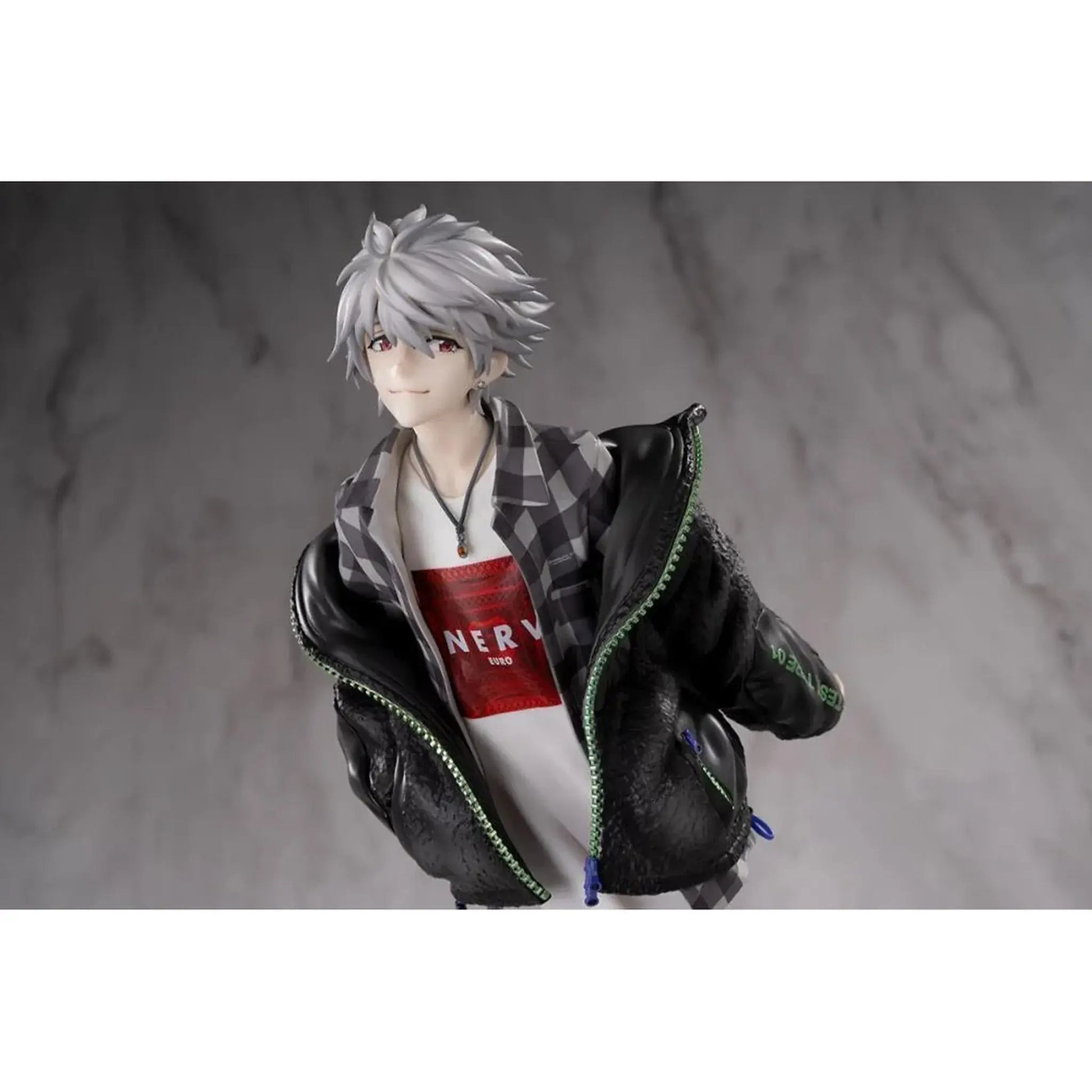 Neon Genesis Evangelion 1/7 Scale Figure of Kaworu Nagisa wearing a black jacket with a red shirt underneath on a gray background