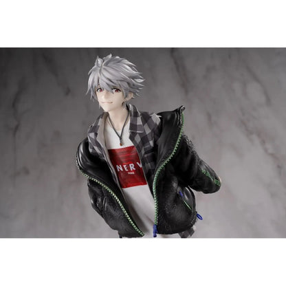 Neon Genesis Evangelion 1/7 Scale Figure of Kaworu Nagisa wearing a black jacket with a red shirt underneath on a gray background