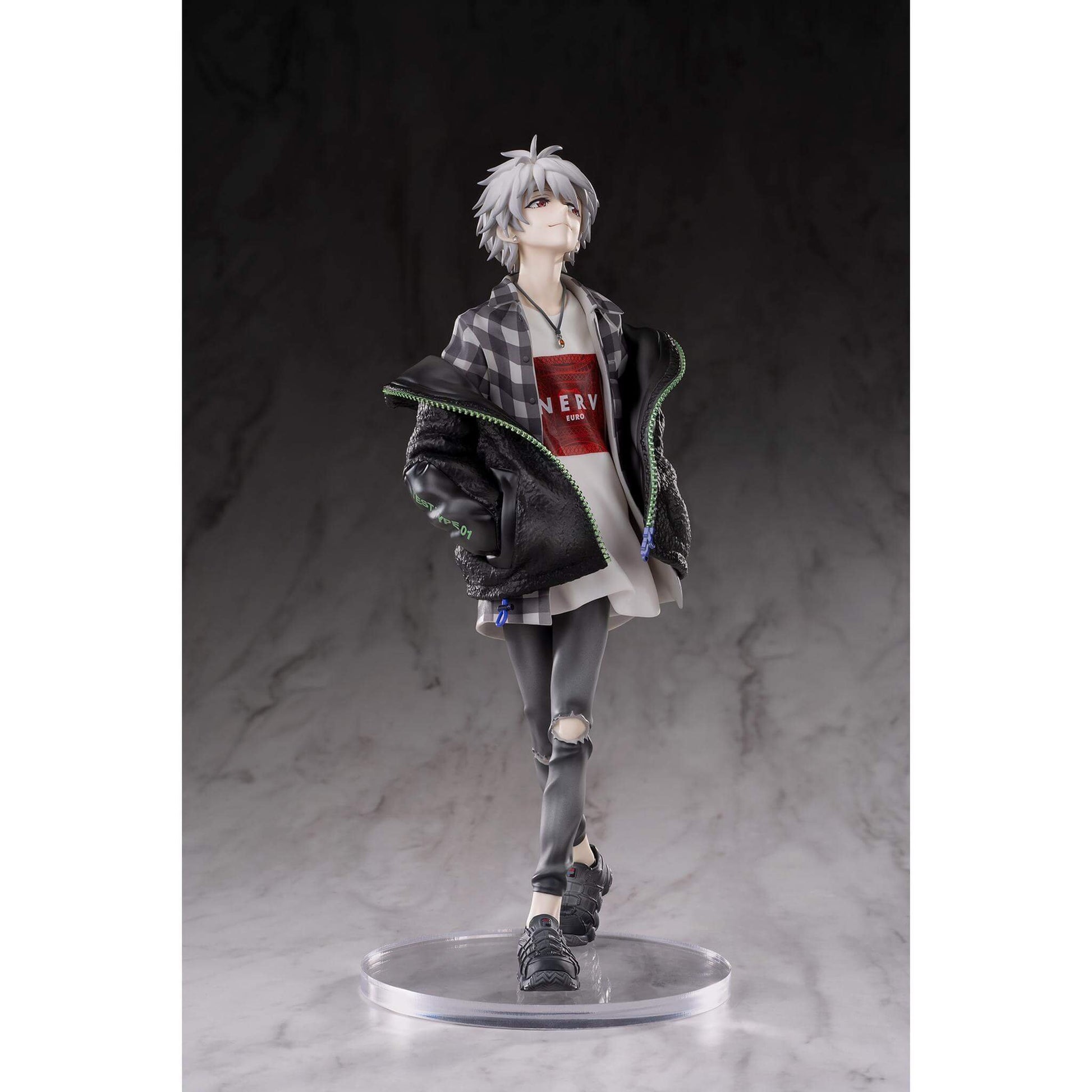 Neon Genesis Evangelion 1/7 Scale Figure of Kaworu Nagisa in a checkered jacket and plaid shirt on a dark background