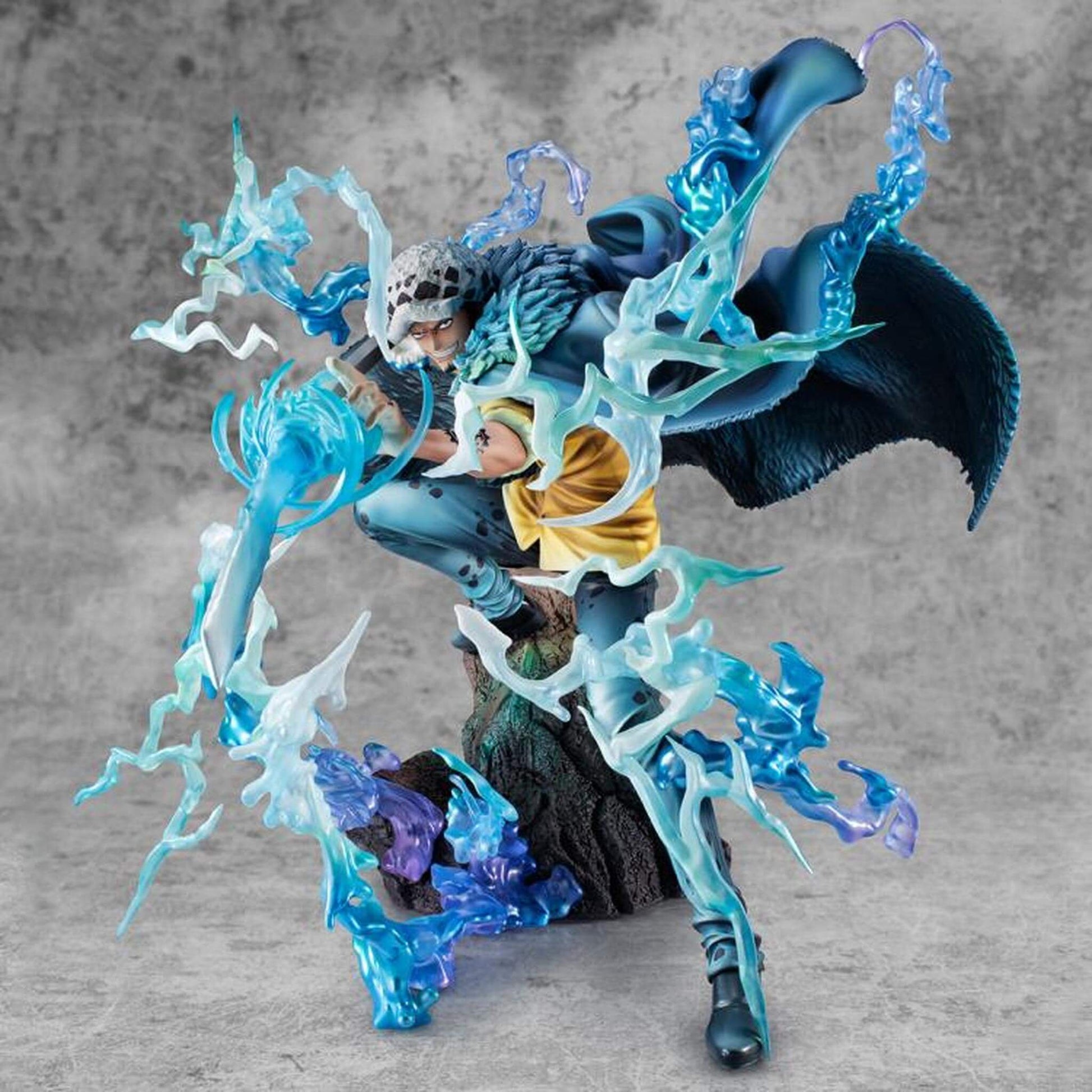 One Piece Portrait Of Pirates WA-MAXIMUM Trafalgar Law "The Surgeon of Death" (Awaken) with blue energy effects on a gray background