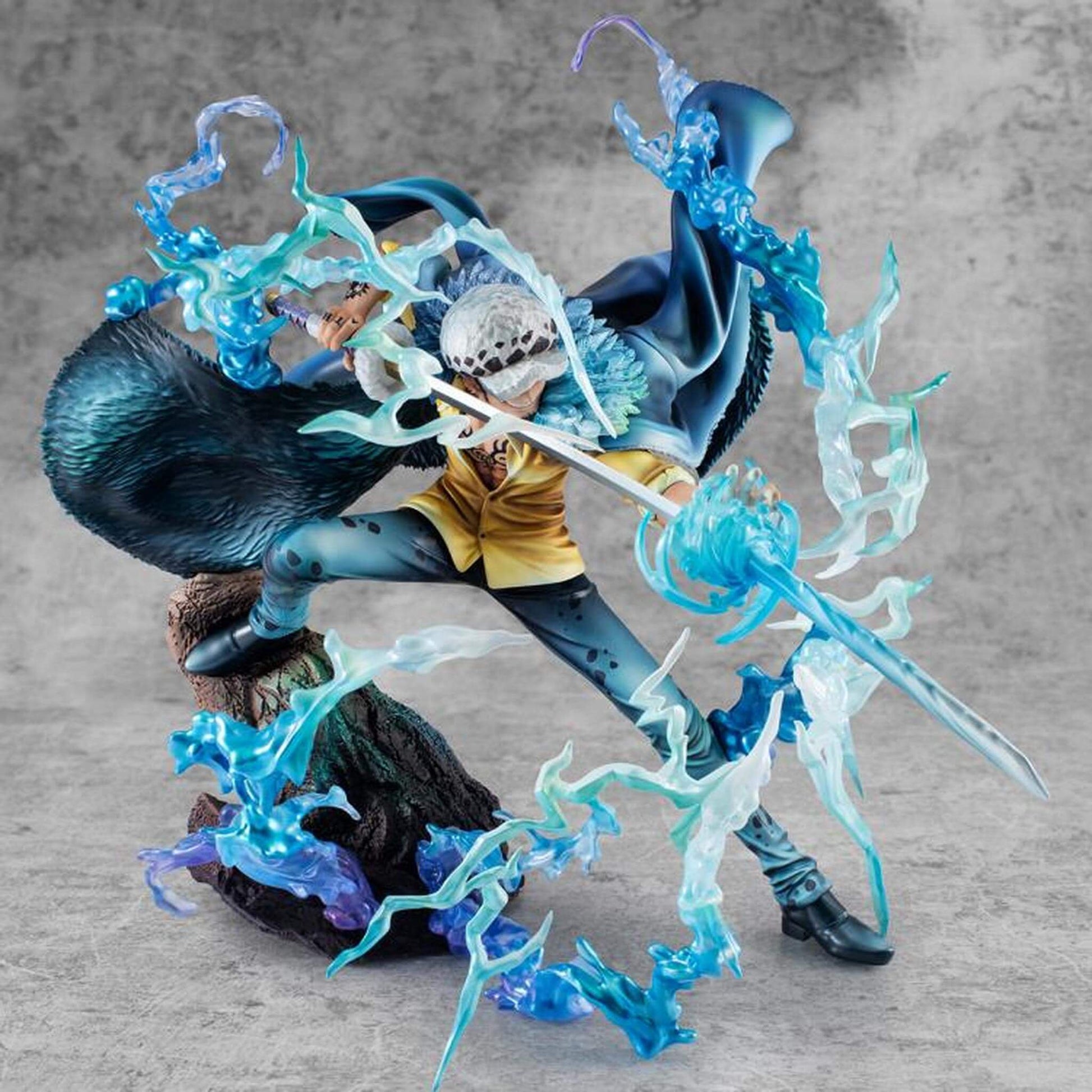 One Piece Portrait Of Pirates WA-MAXIMUM Trafalgar Law "The Surgeon of Death" (Awaken) with dynamic pose and blue energy effects on a gray background