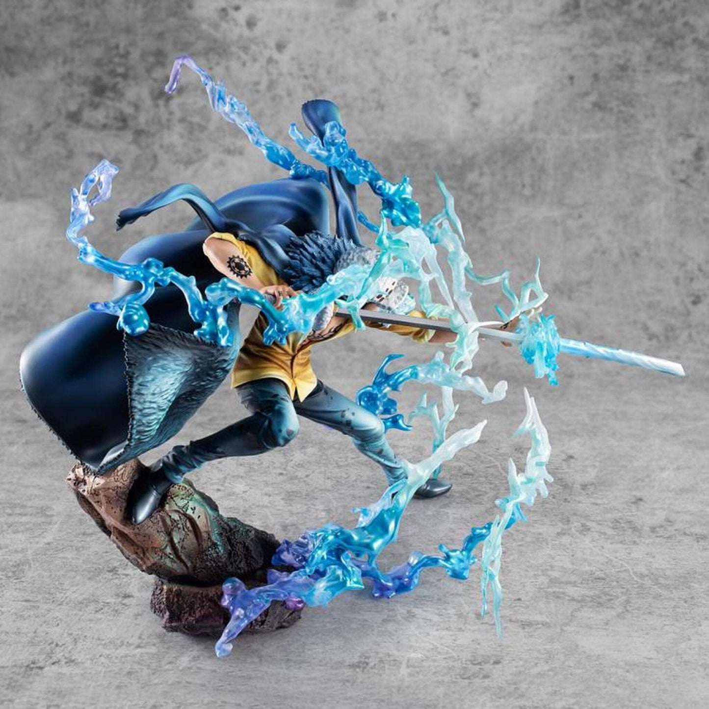 One Piece Portrait Of Pirates WA-MAXIMUM Trafalgar Law "The Surgeon of Death" (Awaken) figure with blue energy effects on a gray background