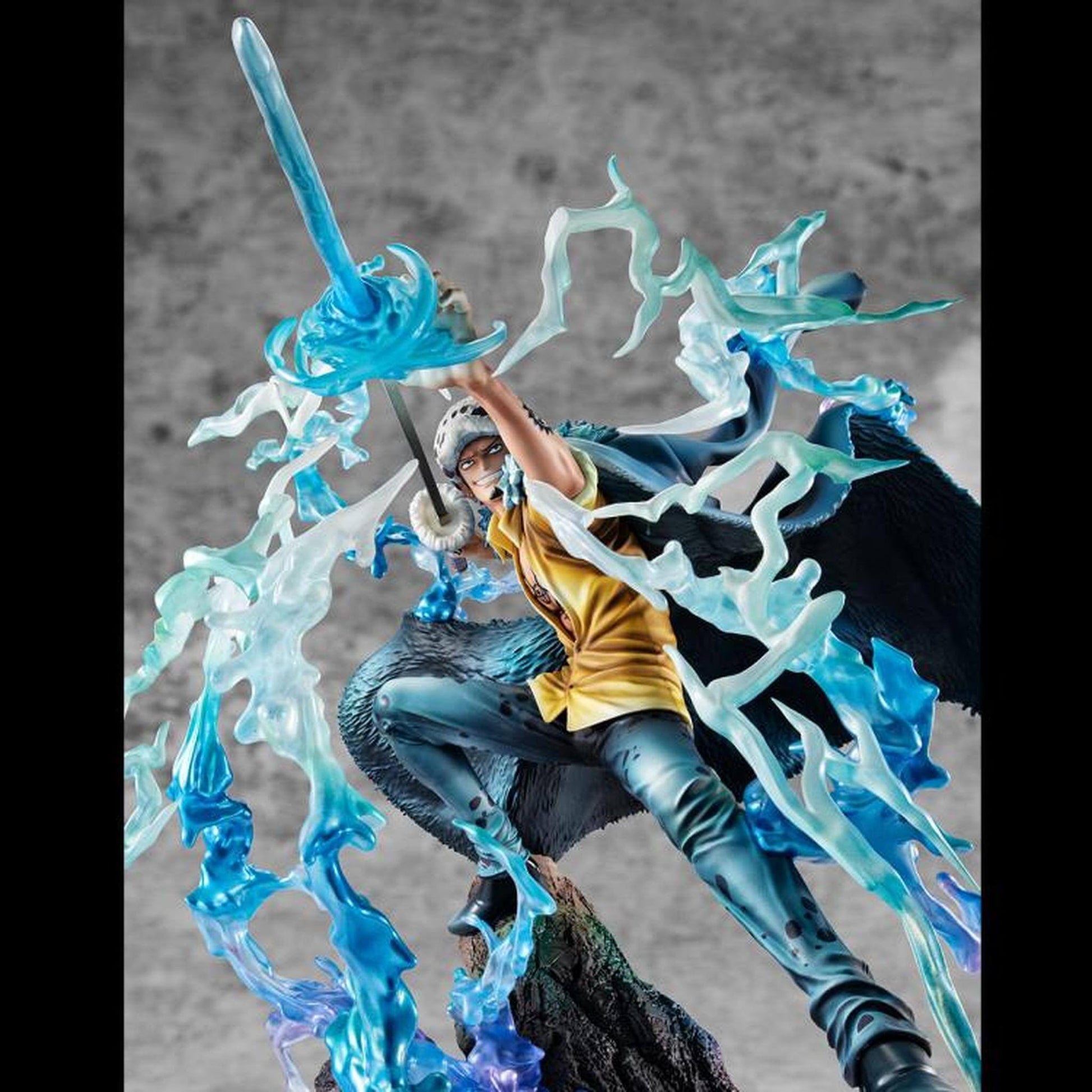 One Piece Portrait Of Pirates WA-MAXIMUM Trafalgar Law "The Surgeon of Death" (Awaken) figure with blue energy effects against a gray background