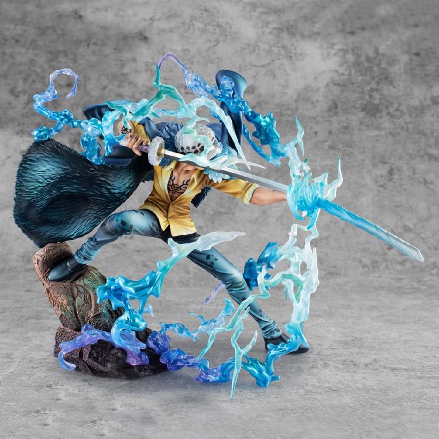 One Piece Portrait Of Pirates WA-MAXIMUM Trafalgar Law "The Surgeon of Death" (Awaken) figure with blue energy effects on a gray background