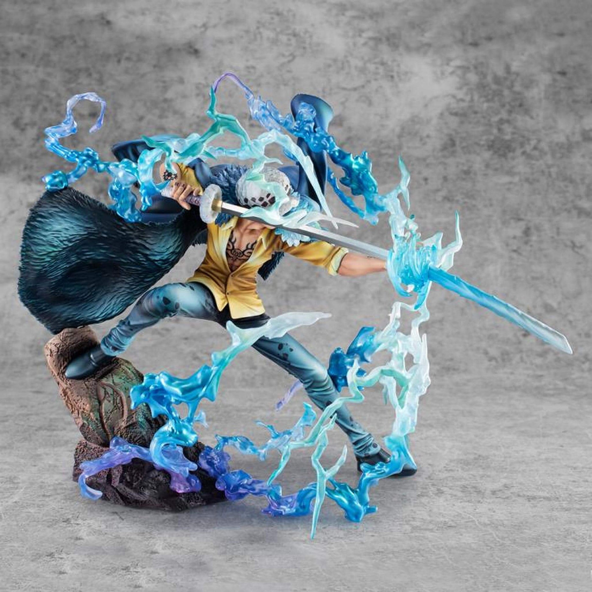 One Piece Portrait Of Pirates WA-MAXIMUM Trafalgar Law "The Surgeon of Death" (Awaken) figure with blue energy effects on a gray background