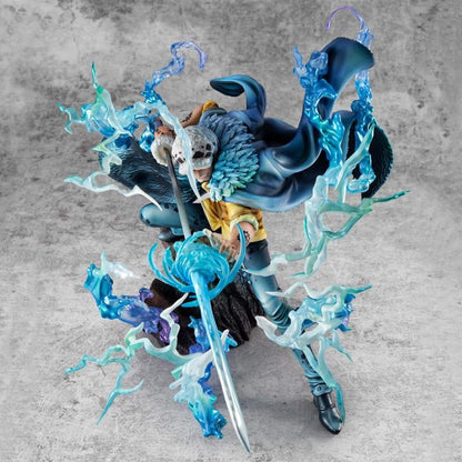 One Piece Portrait Of Pirates WA-MAXIMUM Trafalgar Law "The Surgeon of Death" (Awaken) figure with blue energy effects on a gray background