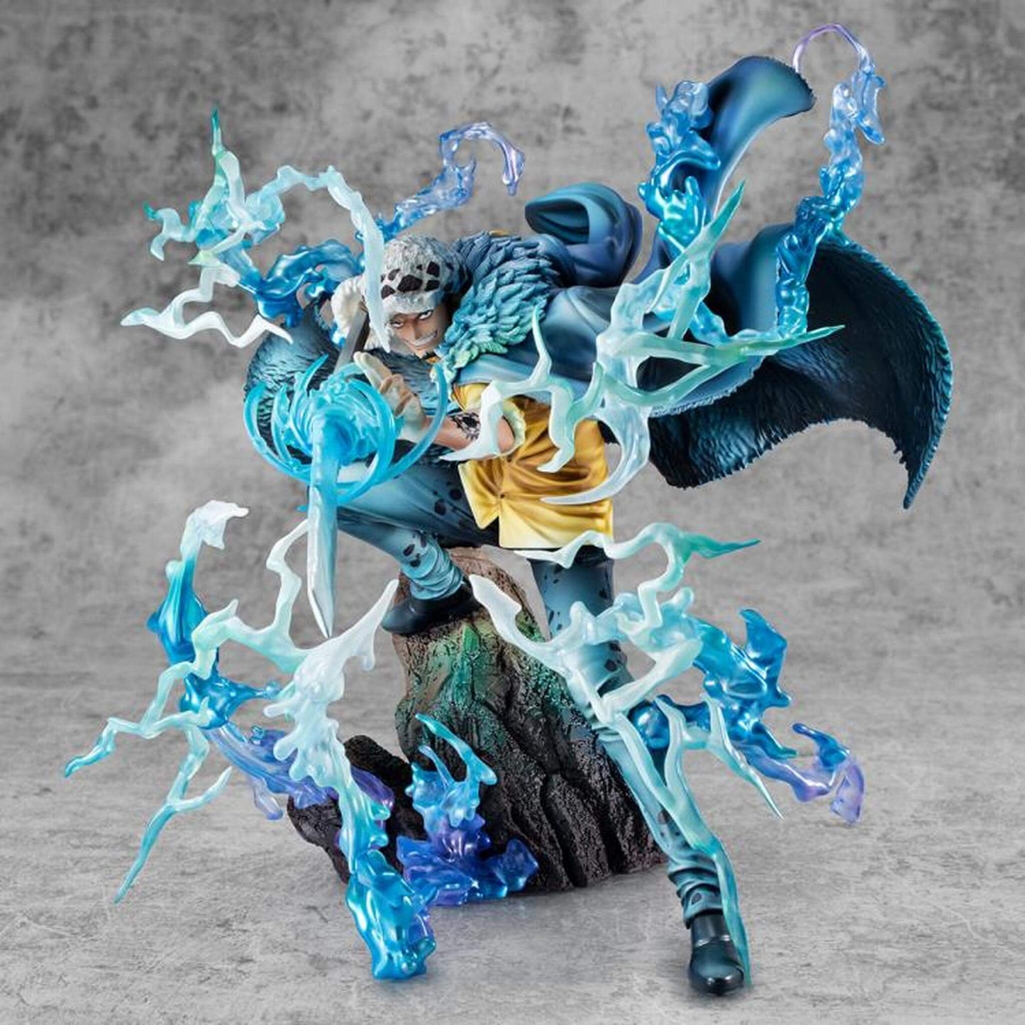 One Piece Portrait Of Pirates WA-MAXIMUM Trafalgar Law "The Surgeon of Death" (Awaken) figure with blue energy effects on a gray background
