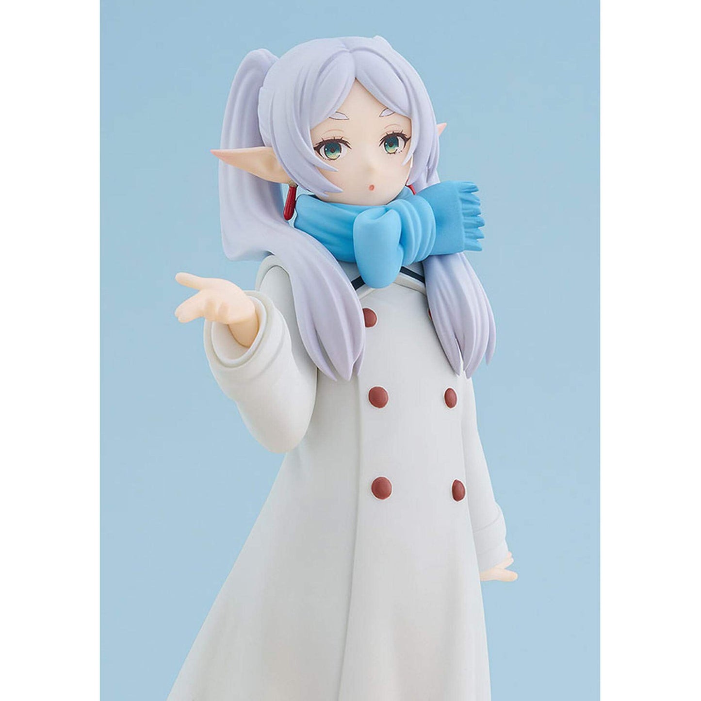 Frieren Blow Kiss Pop Up Parade figure with white coat and blue scarf against a light blue background