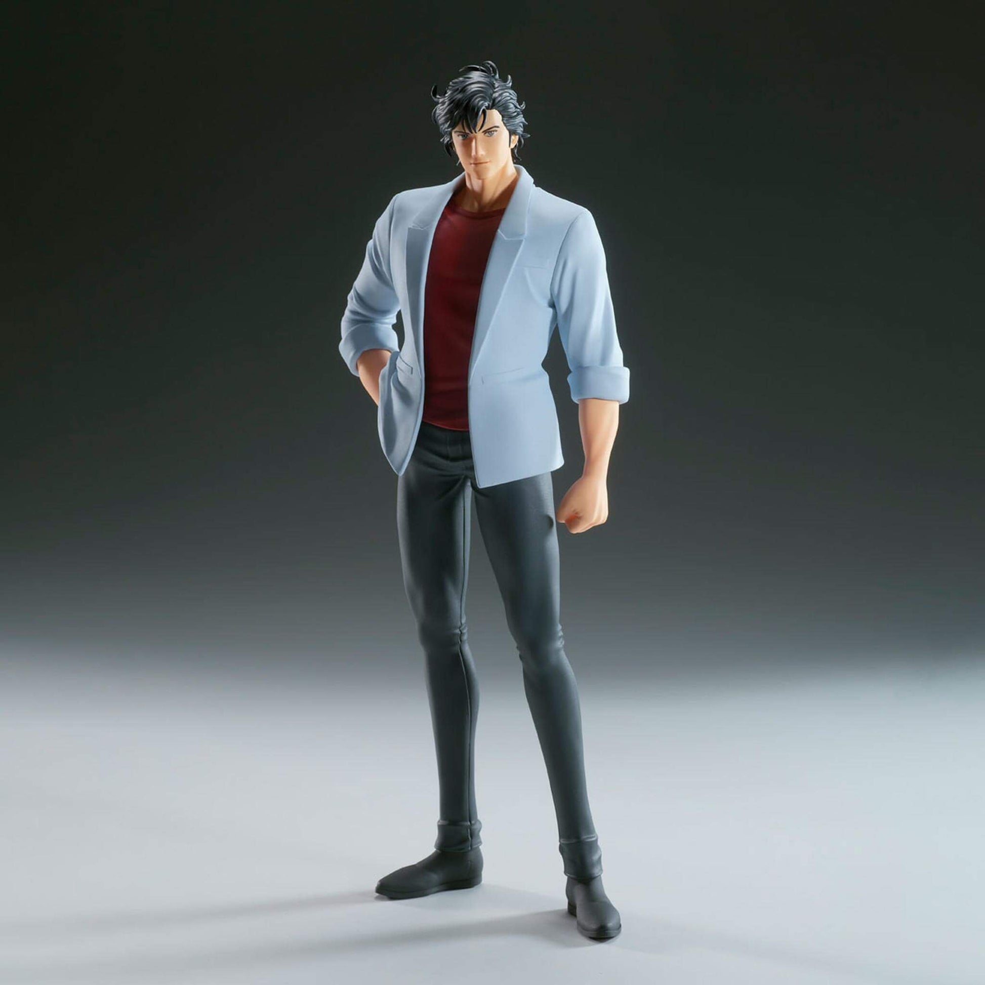 Anime figure of Ryo Saeba wearing a light gray blazer and dark pants on a gradient background