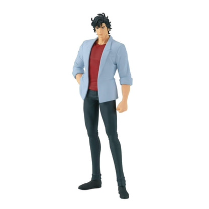 Anime figure of Ryo Saeba wearing a light blue jacket, red shirt, and dark pants on a white background