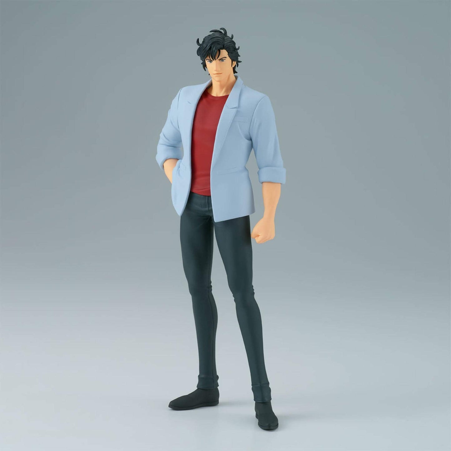 Anime figure of Ryo Saeba wearing a light blue jacket over a red shirt on a gray background