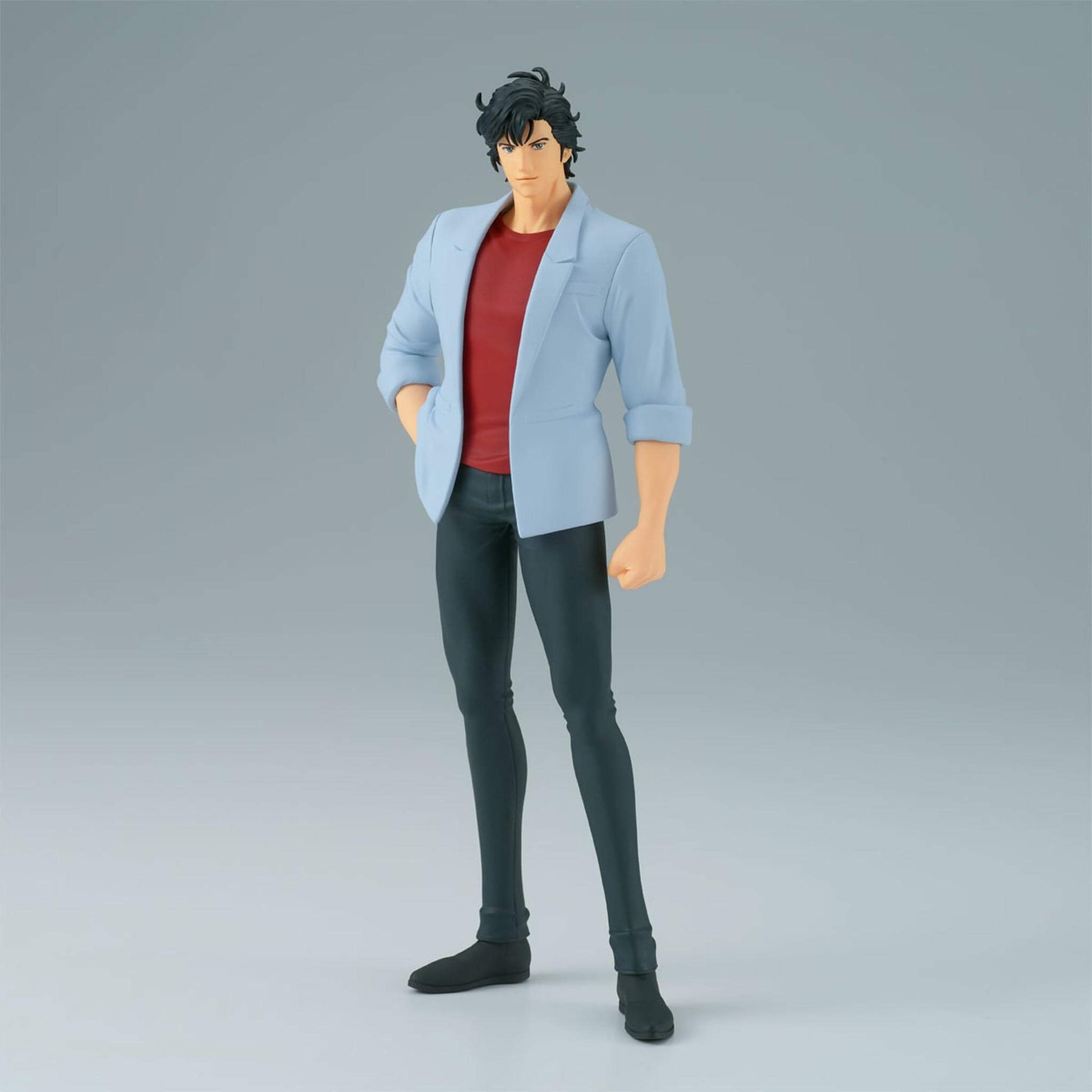 Anime figure of Ryo Saeba wearing a light blue jacket over a red shirt on a gray background