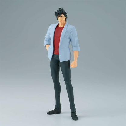 Anime figure of Ryo Saeba wearing a light blue jacket over a red shirt on a gray background