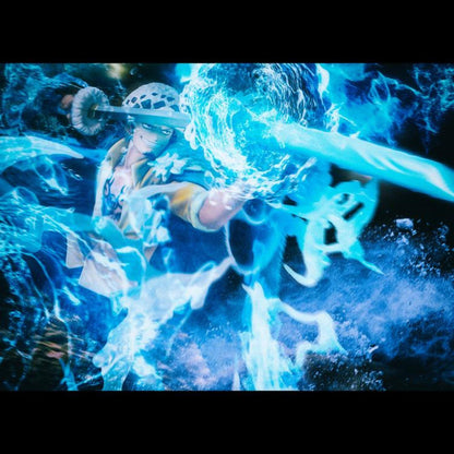 One Piece Portrait Of Pirates WA-MAXIMUM Trafalgar Law "The Surgeon of Death" (Awaken) with glowing blue energy effects in a dark setting