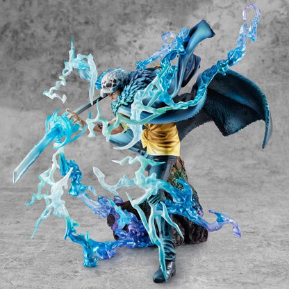 One Piece Portrait Of Pirates WA-MAXIMUM Trafalgar Law "The Surgeon of Death" (Awaken) figurine with blue energy effects on a gray background