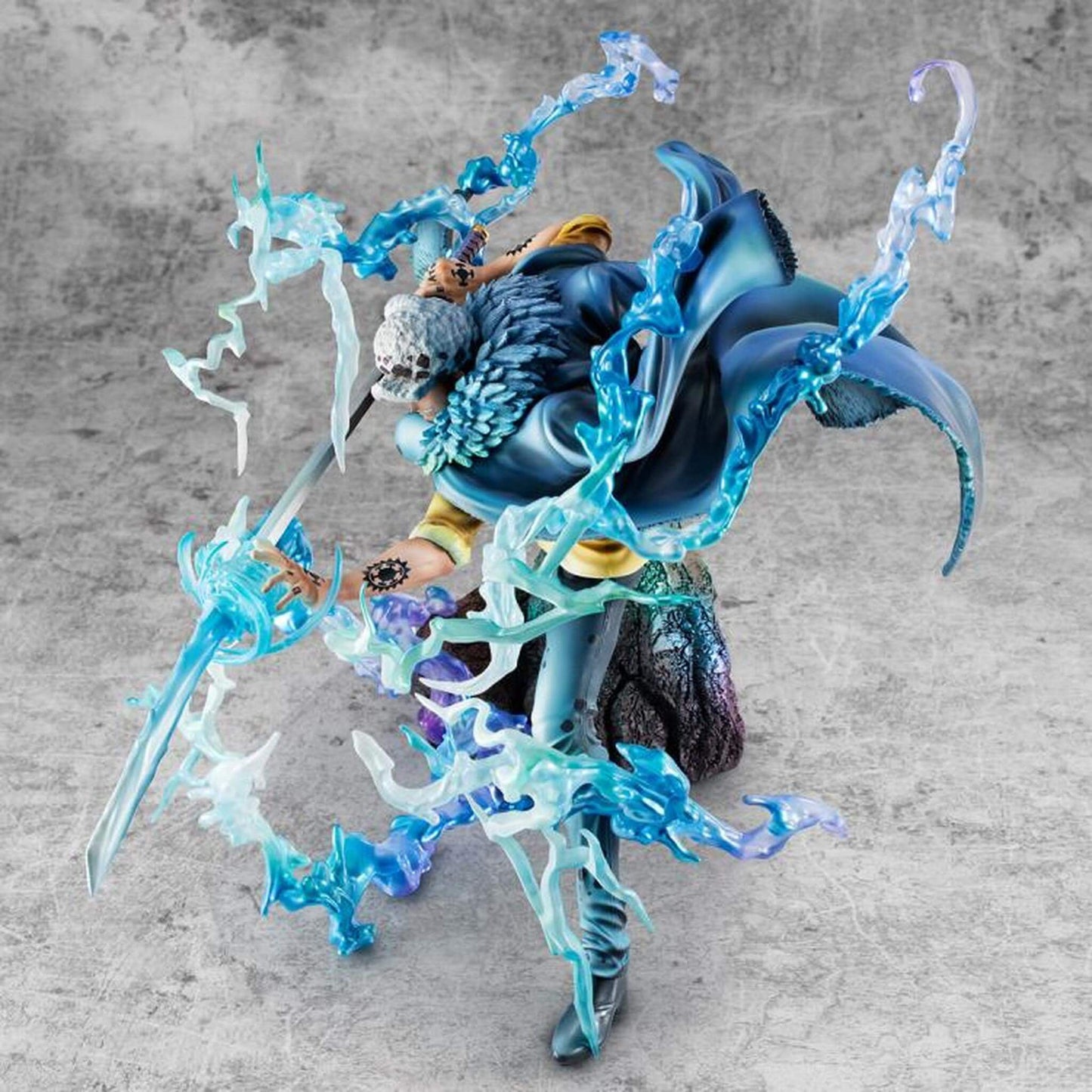 One Piece Portrait Of Pirates WA-MAXIMUM Trafalgar Law "The Surgeon of Death" (Awaken) figure with blue energy effects on a gray background