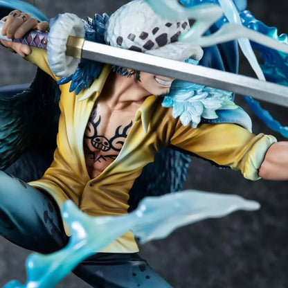 One Piece Portrait Of Pirates WA-MAXIMUM Trafalgar Law "The Surgeon of Death" (Awaken) figure with a sword, wearing a yellow outfit and blue hair, on a dark textured background.