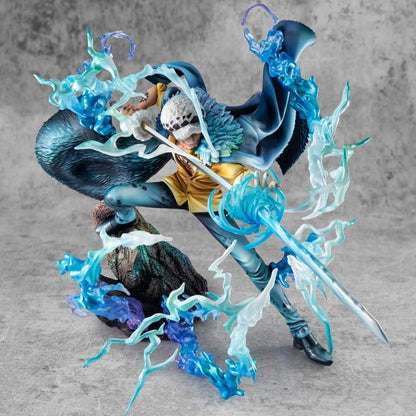 One Piece Portrait Of Pirates WA-MAXIMUM Trafalgar Law "The Surgeon of Death" (Awaken) figure with blue energy effects on a gray background