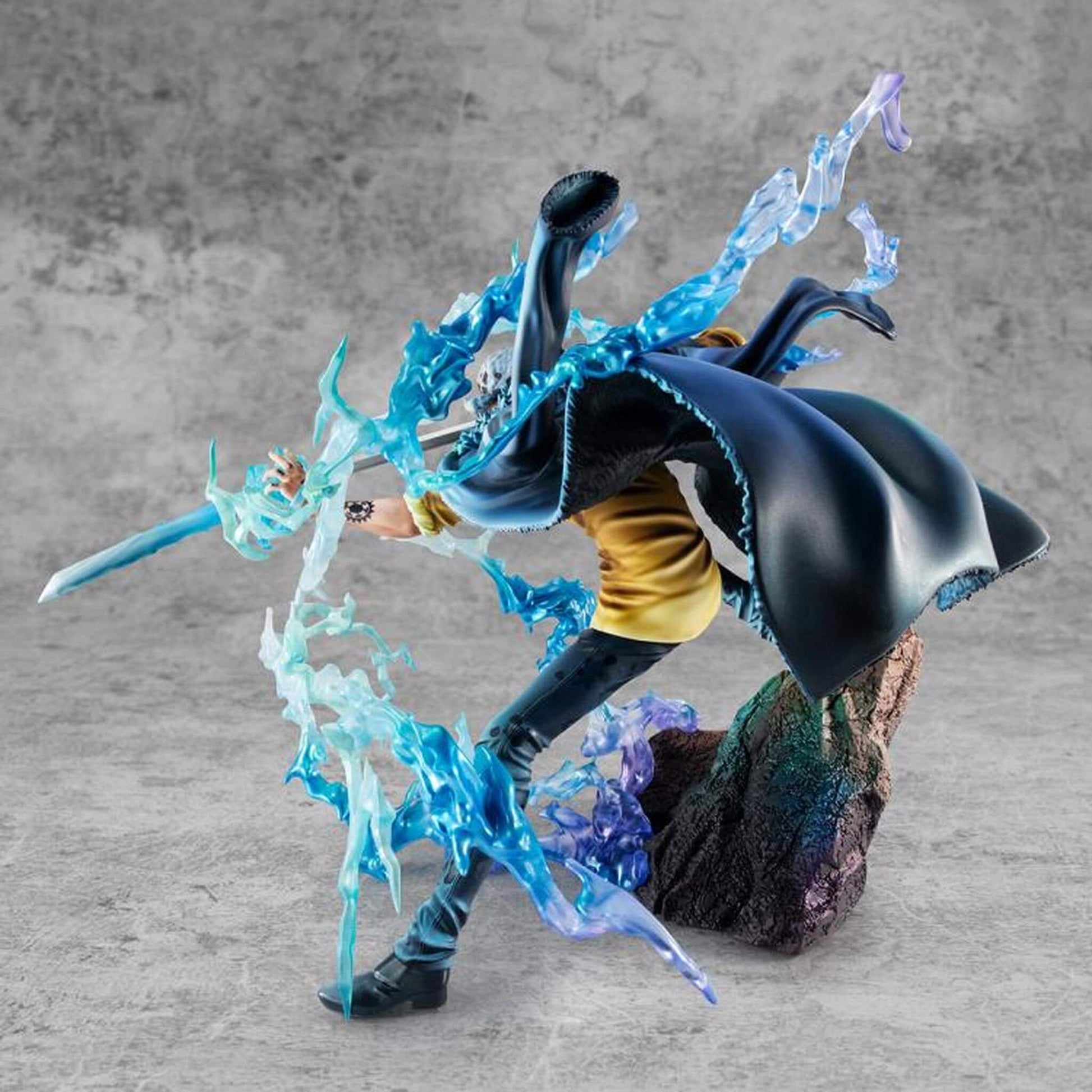 One Piece Portrait Of Pirates WA-MAXIMUM Trafalgar Law "The Surgeon of Death" (Awaken) figure with blue energy effects on a gray background