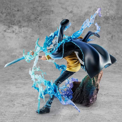 One Piece Portrait Of Pirates WA-MAXIMUM Trafalgar Law "The Surgeon of Death" (Awaken) figure with blue energy effects on a gray background
