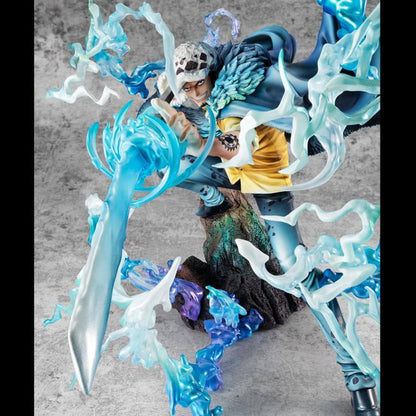 One Piece Portrait Of Pirates WA-MAXIMUM Trafalgar Law "The Surgeon of Death" (Awaken) figure with blue and white energy effects on a gray background
