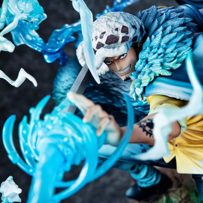 One Piece Portrait Of Pirates WA-MAXIMUM Trafalgar Law "The Surgeon of Death" (Awaken) figure with blue and white accents on a dark background