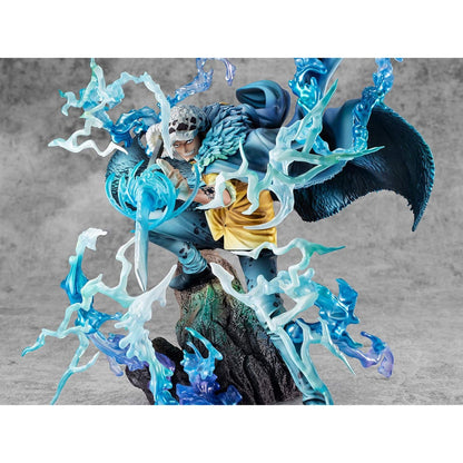 One Piece Portrait Of Pirates WA-MAXIMUM Trafalgar Law "The Surgeon of Death" (Awaken) figurine with blue and white energy effects on a gray background