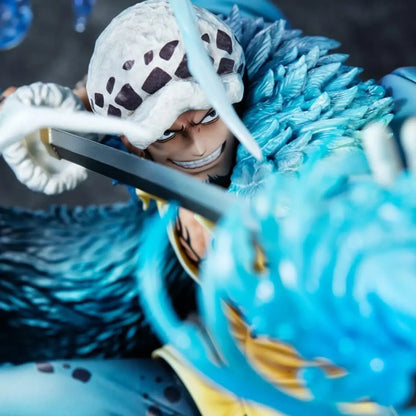 Close-up of One Piece Portrait Of Pirates WA-MAXIMUM Trafalgar Law "The Surgeon of Death" (Awaken) with blue effect and a sword, wearing a white hat with black patterns.