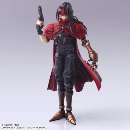 Final Fantasy 7 Vincent Valentine Action figure with a red cape and black outfit holding a gun on a gray background