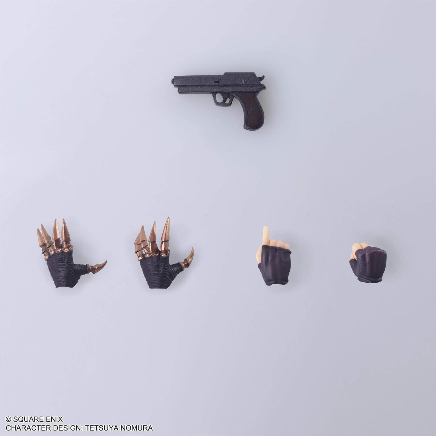 Final Fantasy 7 Vincent Valentine Action figure Accessory Set of miniature props including a gun, claws, and gloves on a light gray background.