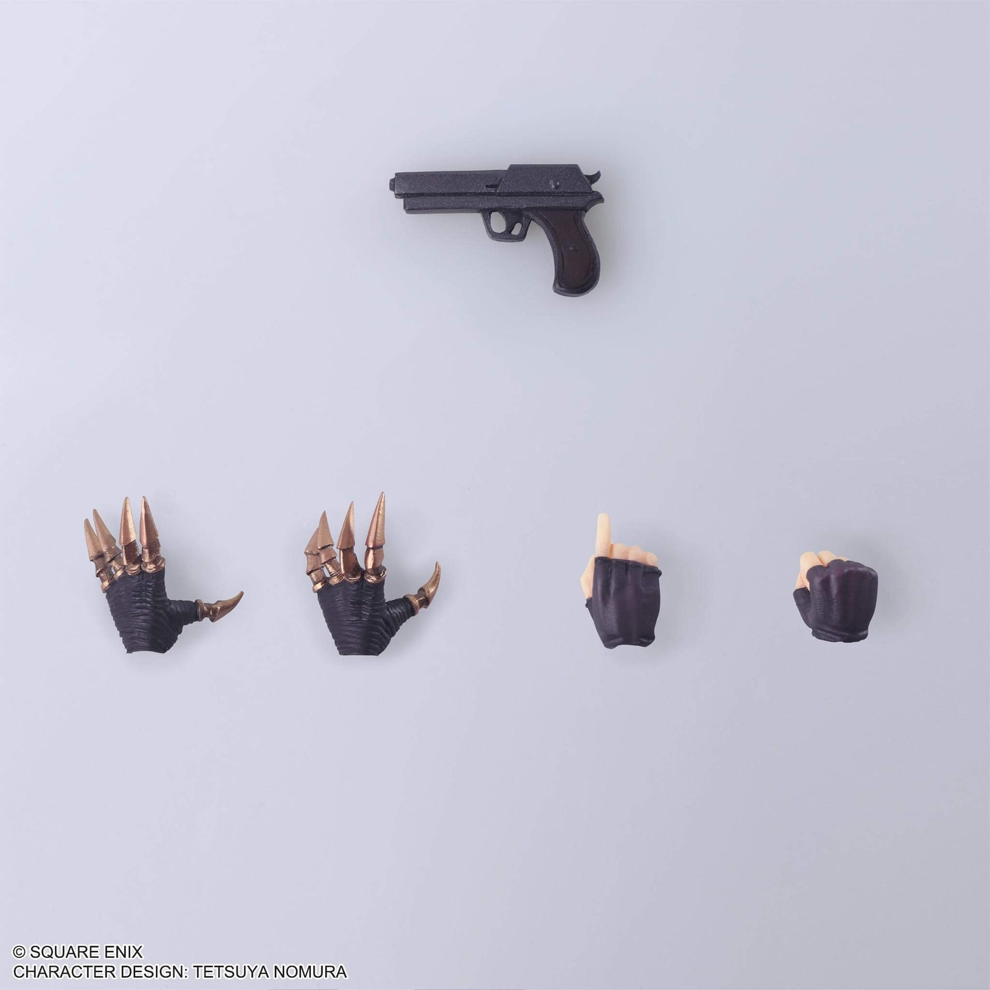 Final Fantasy 7 Vincent Valentine Action figure Accessory Set of miniature props including a gun, claws, and gloves on a light gray background.