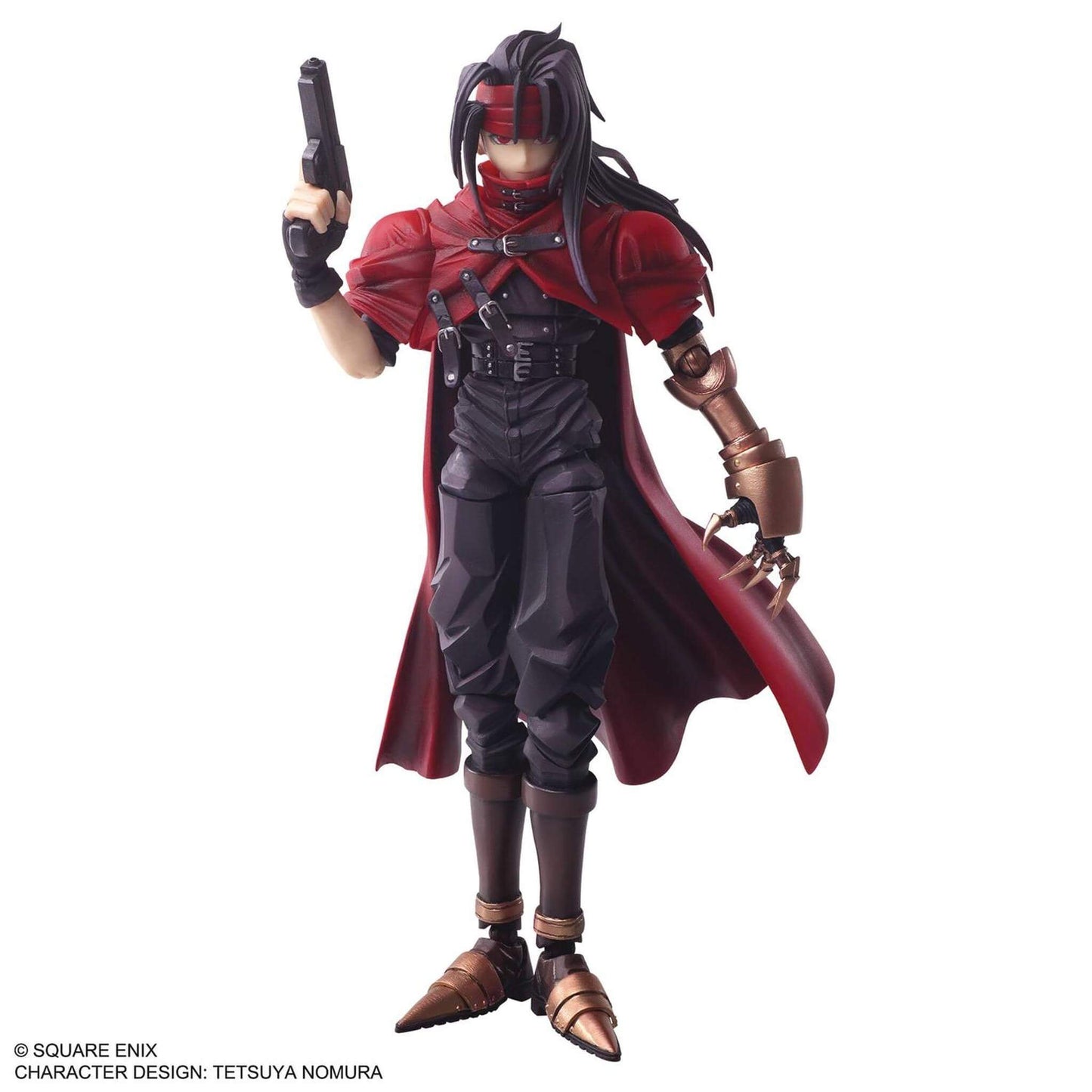 Final Fantasy 7 Vincent Valentine Action figure with red cape and black outfit holding a gun on a white background