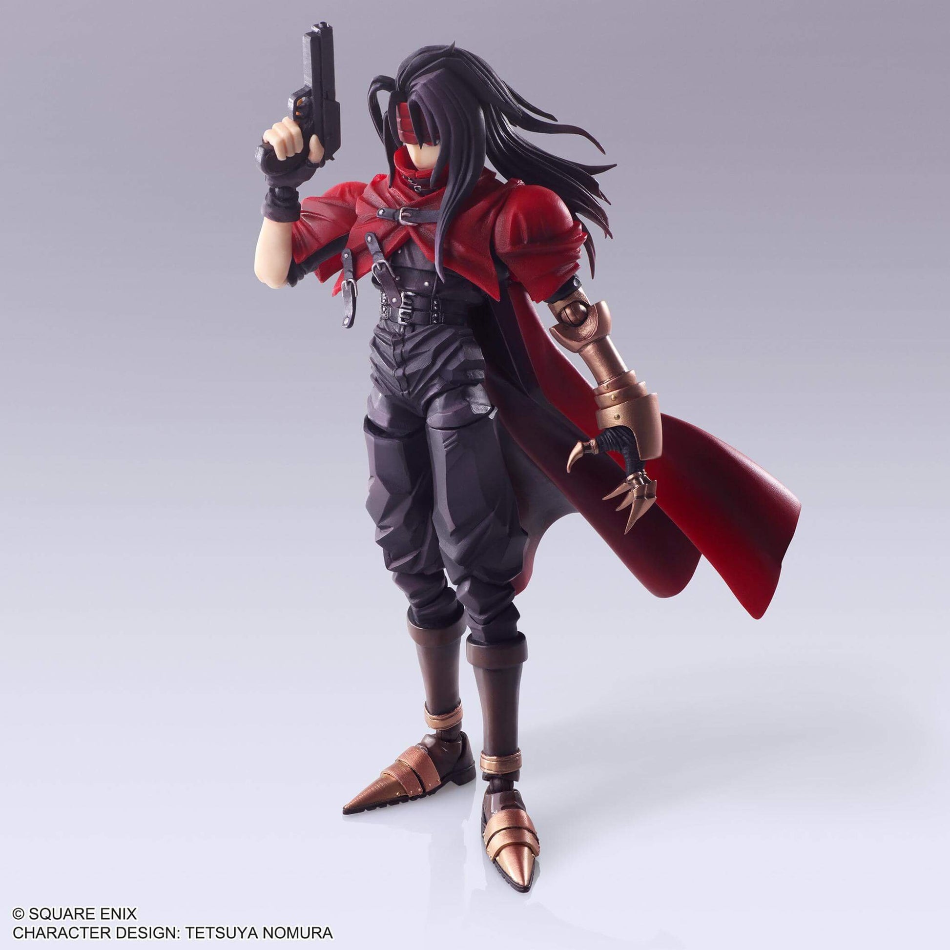 Final Fantasy 7 Vincent Valentine Action figure in a red and black outfit with a gun on a gray background