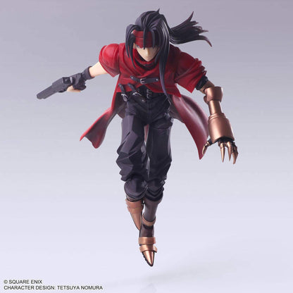 Final Fantasy 7 Vincent Valentine Action figure in red and black outfit with gloves and boots on a gray background